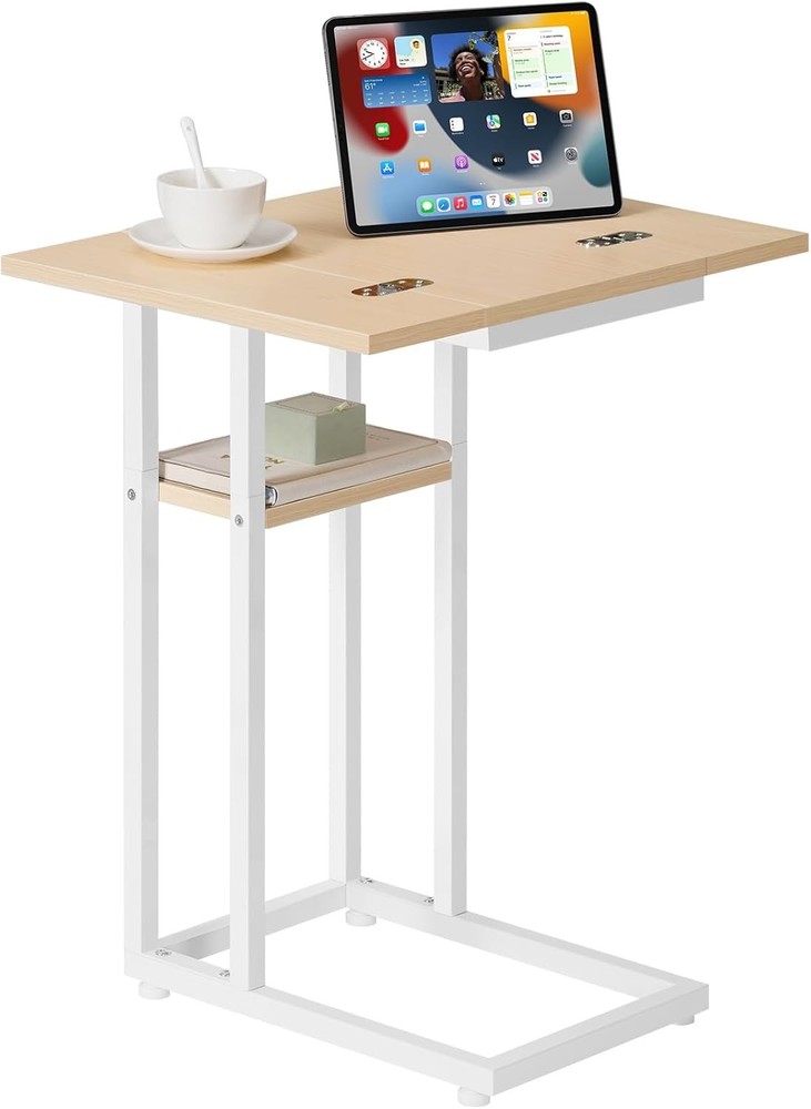 Foldable End Table C Shaped Side Table W/ Storage Shelf Small Snack Table