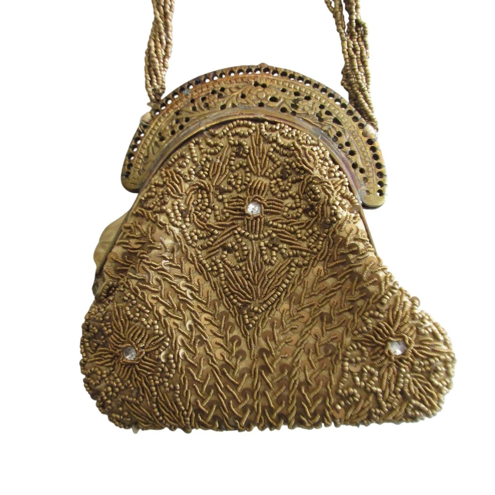 Antique Beaded Purse Gold Beaded Bag Silk Lining Brass Frame