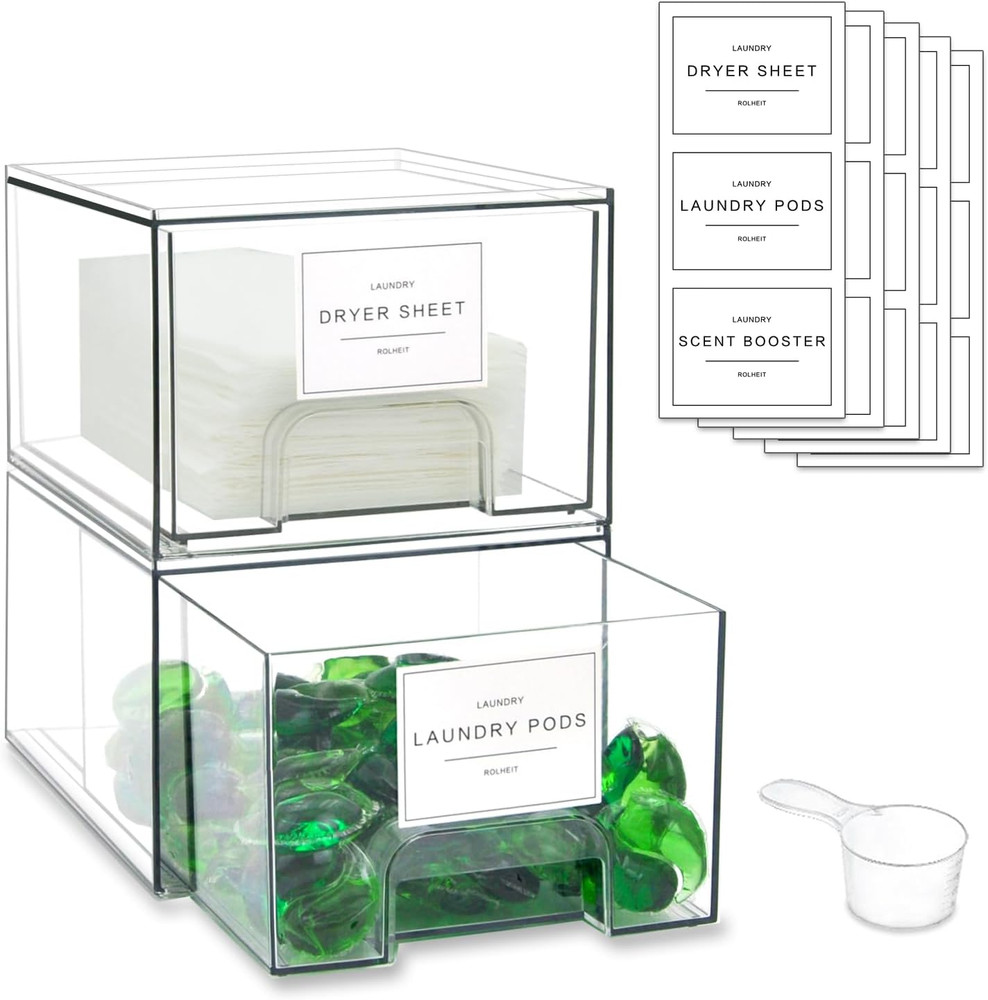 4 Pack Laundry Room Organization Storage Drawers with Labels, Clear Stackable Dr