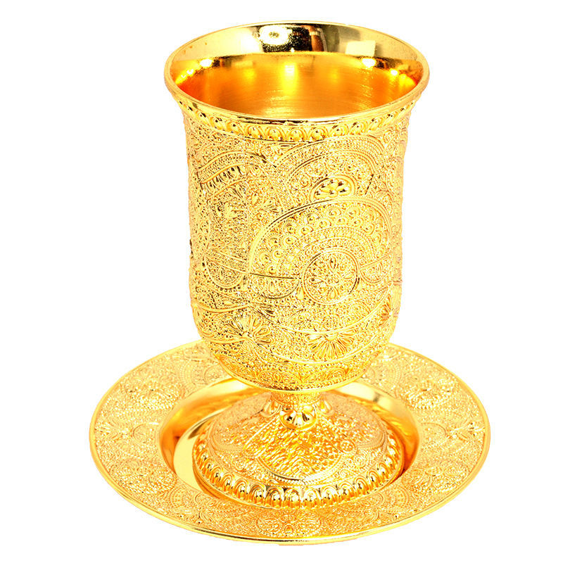 Kiddush Cup For Shabbat With Plate, Gold plated 12 Cm Height
