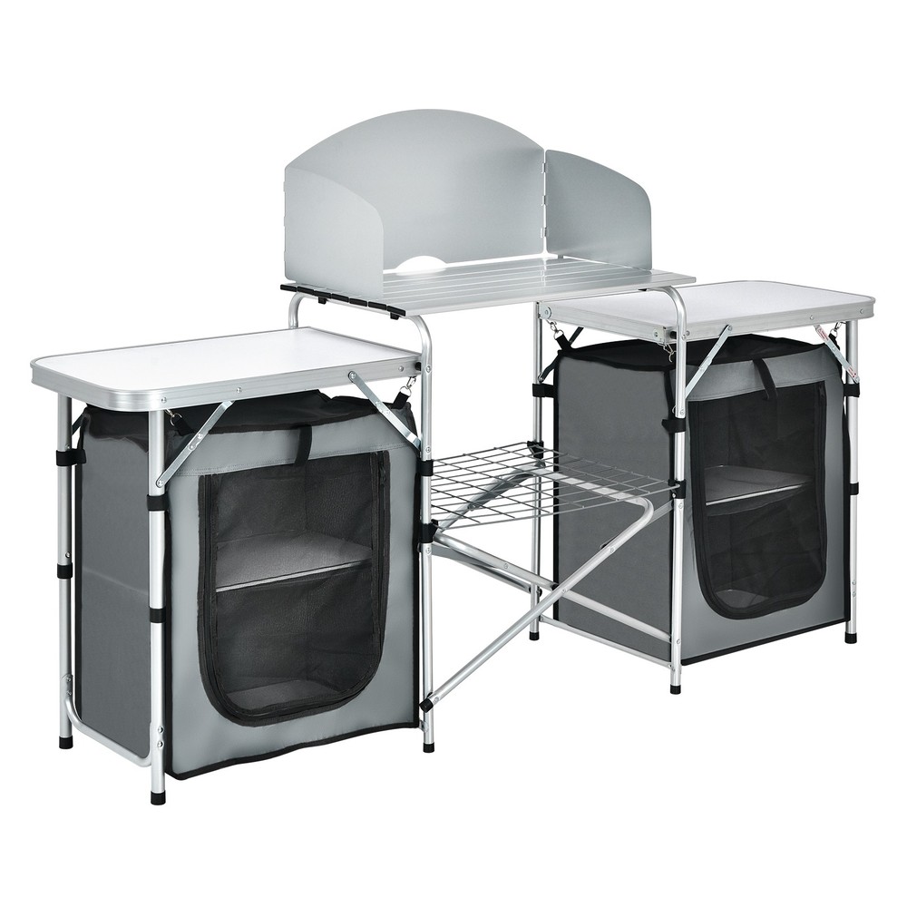 Portable Folding  Aluminum Camping Grill Table w/ Storage Organizer Windscreen