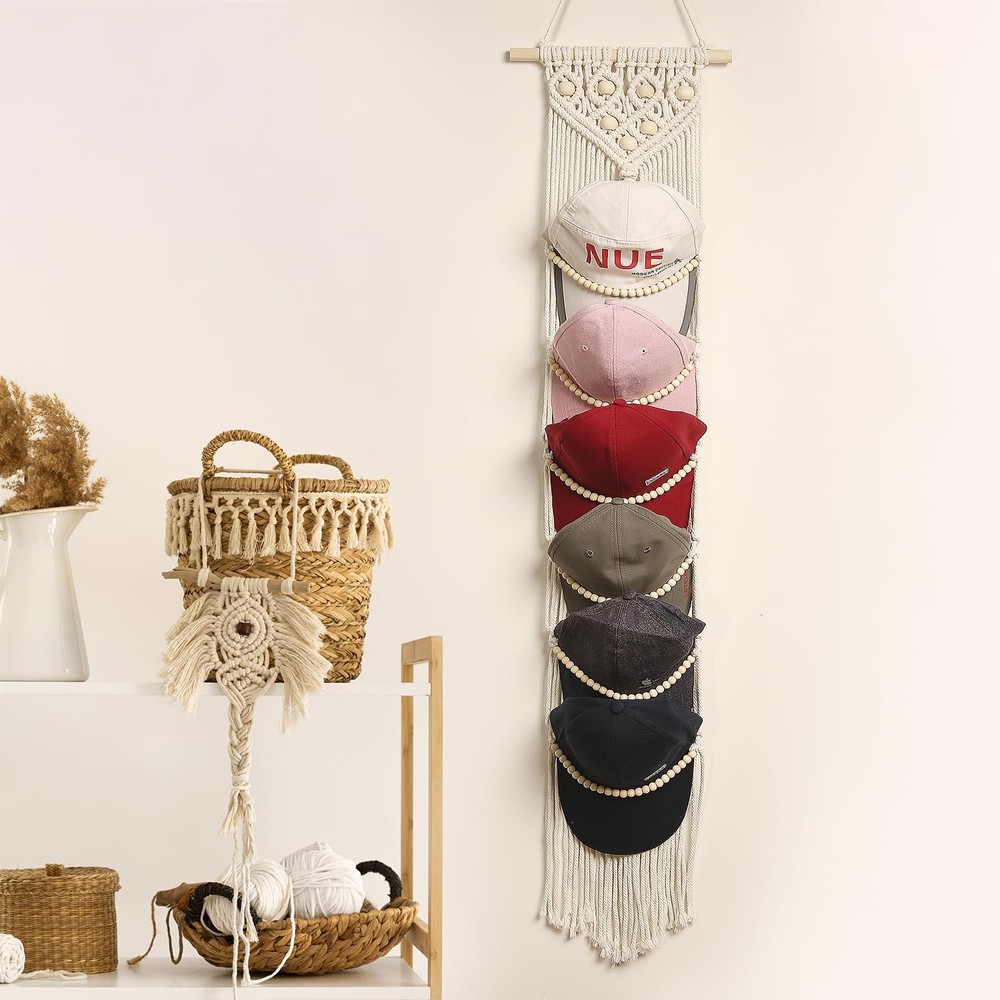 Cap Hanger-1 Pack-Boho Macrame Cap Holder Wall Hat Organizer for Baseball Cap...