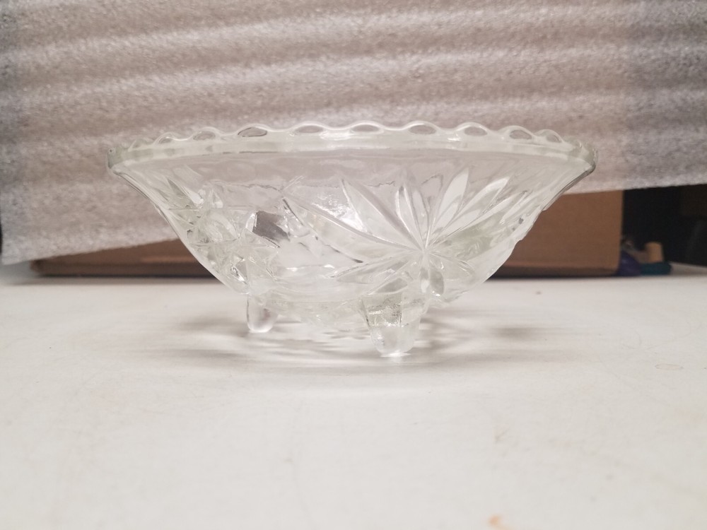 Footed Clear Cut Glass Dish Star/Palm Leaf Design