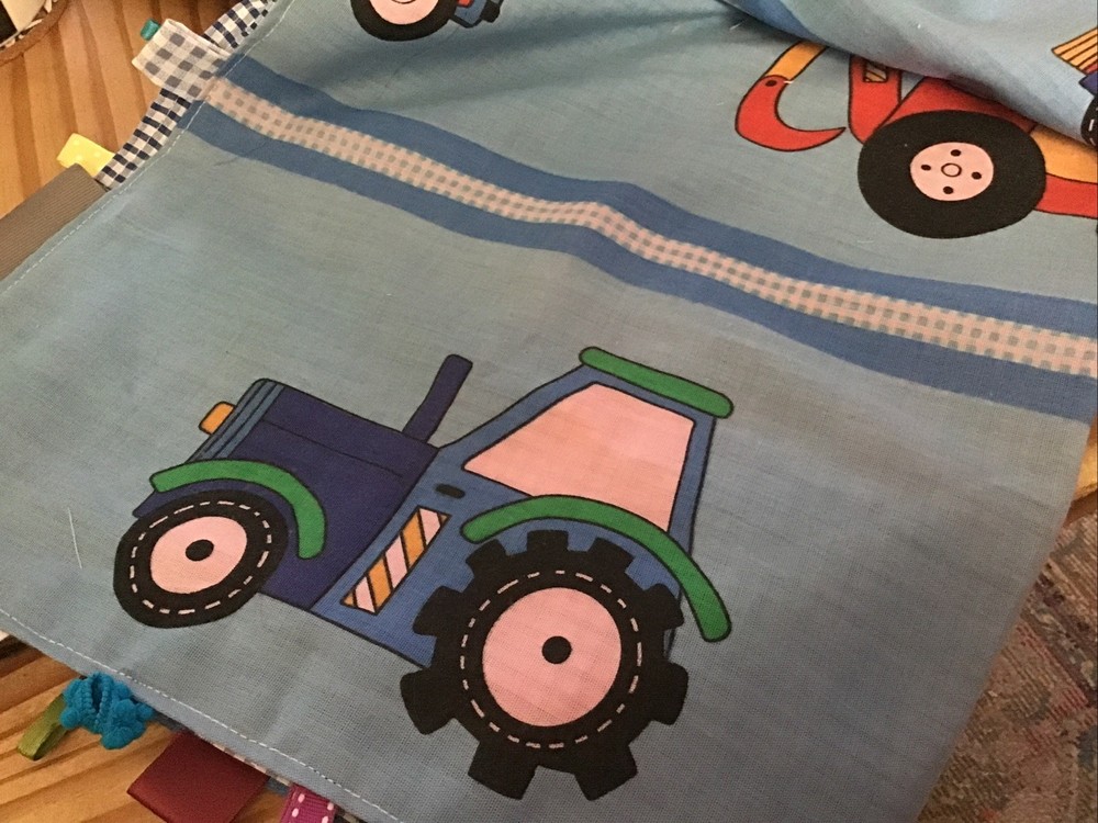Large Handmade  Blanket Taggie  - Multi Coloured Vehicles Tractor, Fire Engine