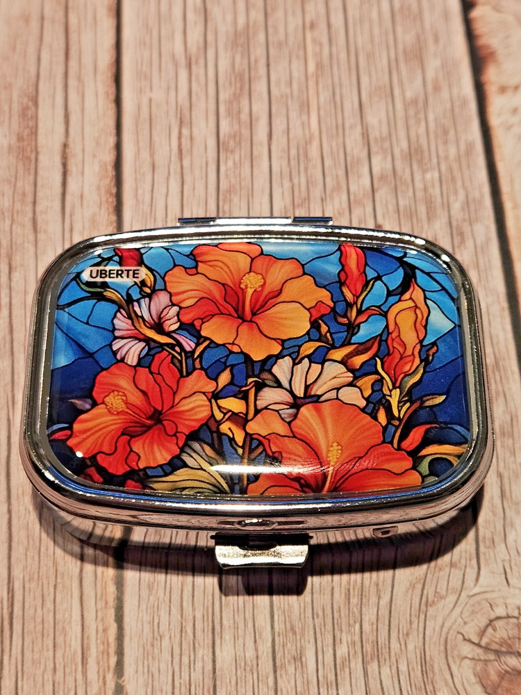 Hibiscus Pill Box 2 Compartment Silver Tone Rectangular New Stained Gass Style
