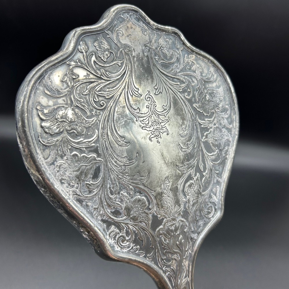 Vintage Silverplated Hand Mirror Intricate Flowered Vine Pattern