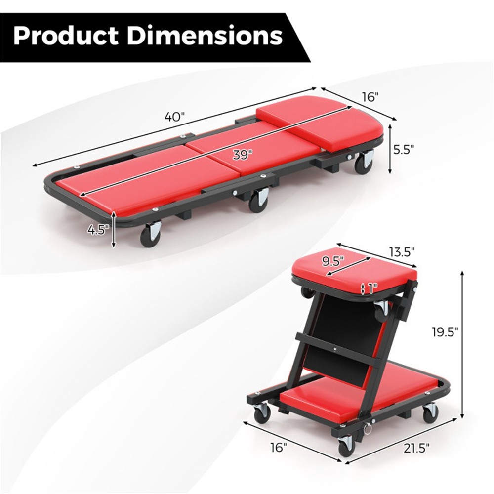 Rolling Foldable Mechanic Stool 6 Wheels Padded Seat 2-in-1 Garage Workshop
