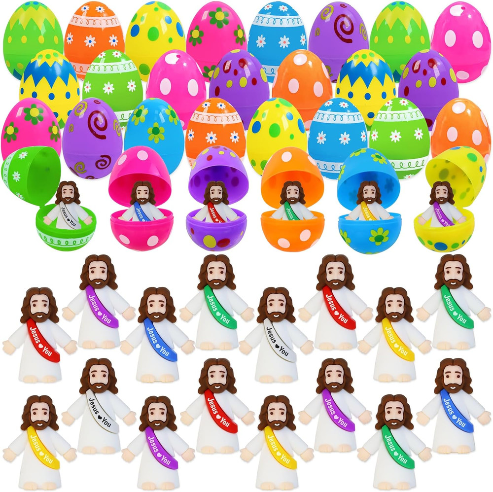 24 Pcs Filled Easter Eggs with Little Jesus Figures inside Mini Toys Easter Gift