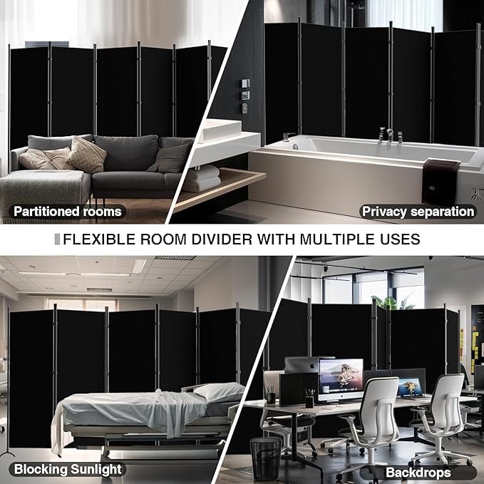 6-Panel Folding Room Divider 6FT Rolling Privacy Screen /Black