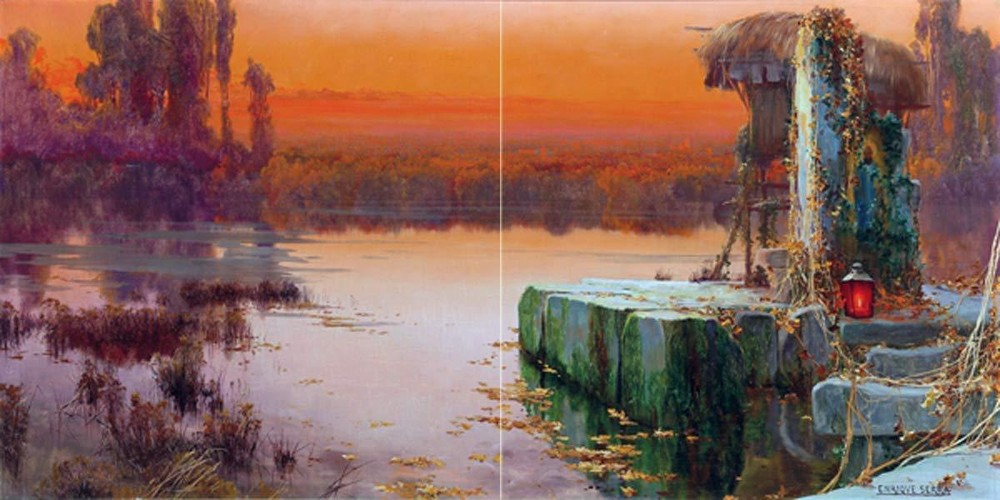 Tile Mural Evening Light by E. Auque Kitchen Shower Backsplash Marble Ceramic
