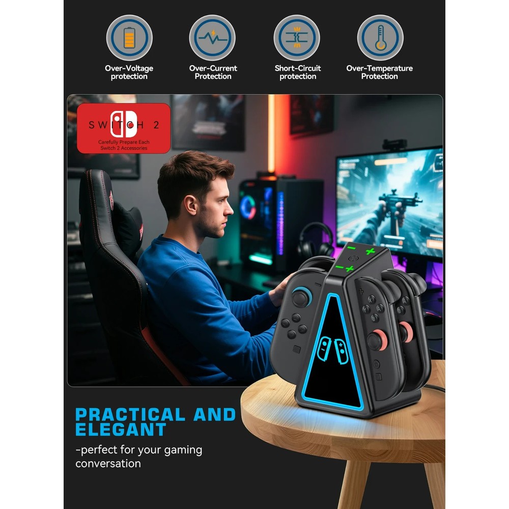 4 Joy-Con Controller RGB Magnetic Fast Charging Dock for Nintendo Switch 2