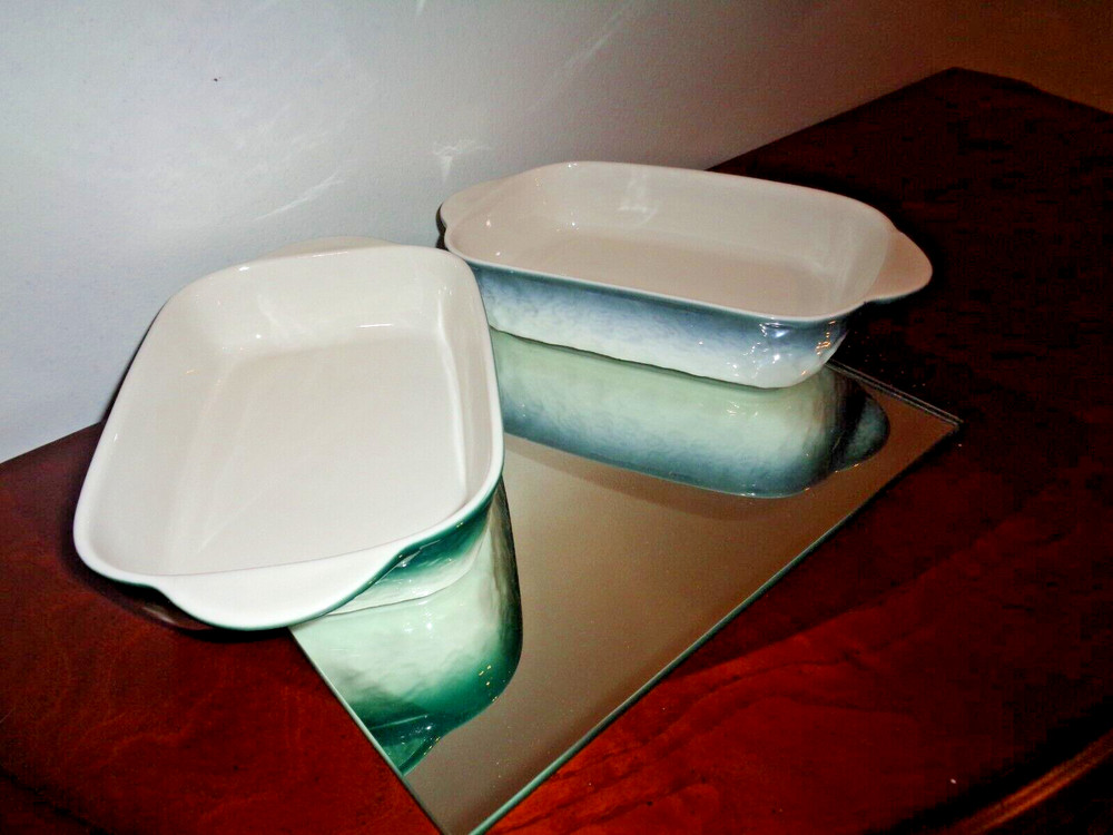 Set of 2 Green & Gray Ceramic Rectangular Baking Roasting Stackable Pan 9X5.5X1"