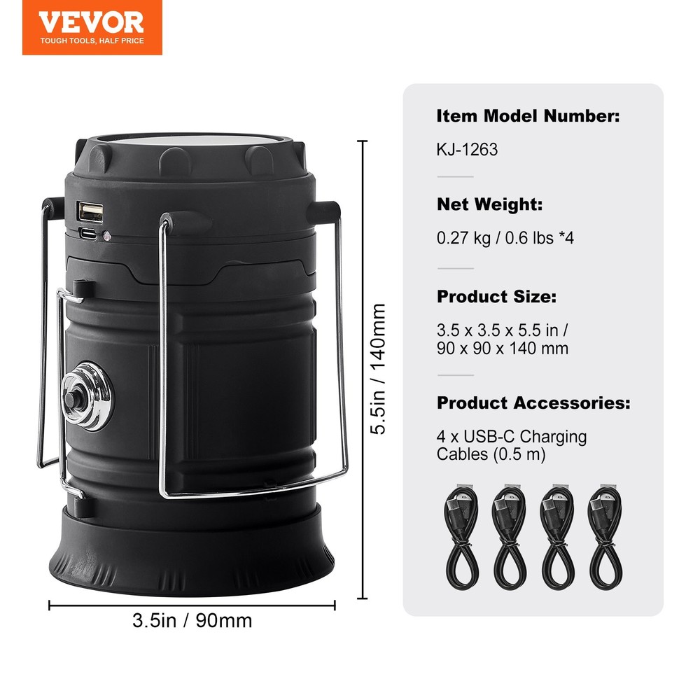 LED Camping Lanterns 4 Pack Rechargeable Camping Flashlights Solar & USB C