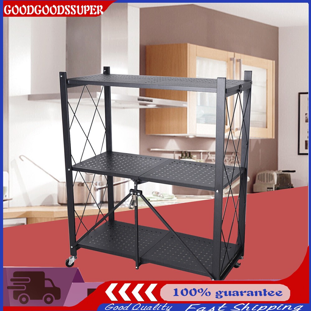 Foldable 3-Tier Metal Storage Rack Shelves Kitchen Storage Organizer Home Stand