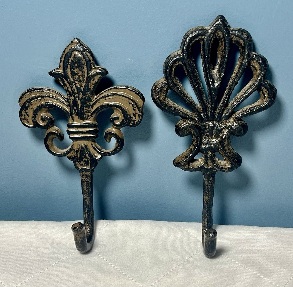 Metal Wall Hook Set 2 Curtain Tie Back Hook Fleur De Lis Rustic Heavy 8”