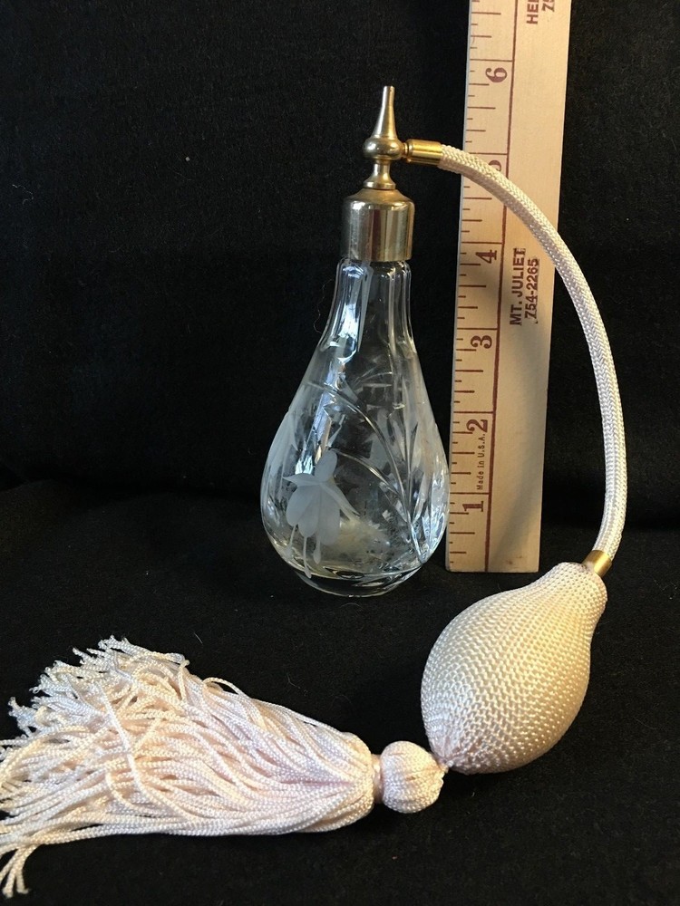 Clear Cut Glass Etched FLOWER Atomizer PERFUME Bottle