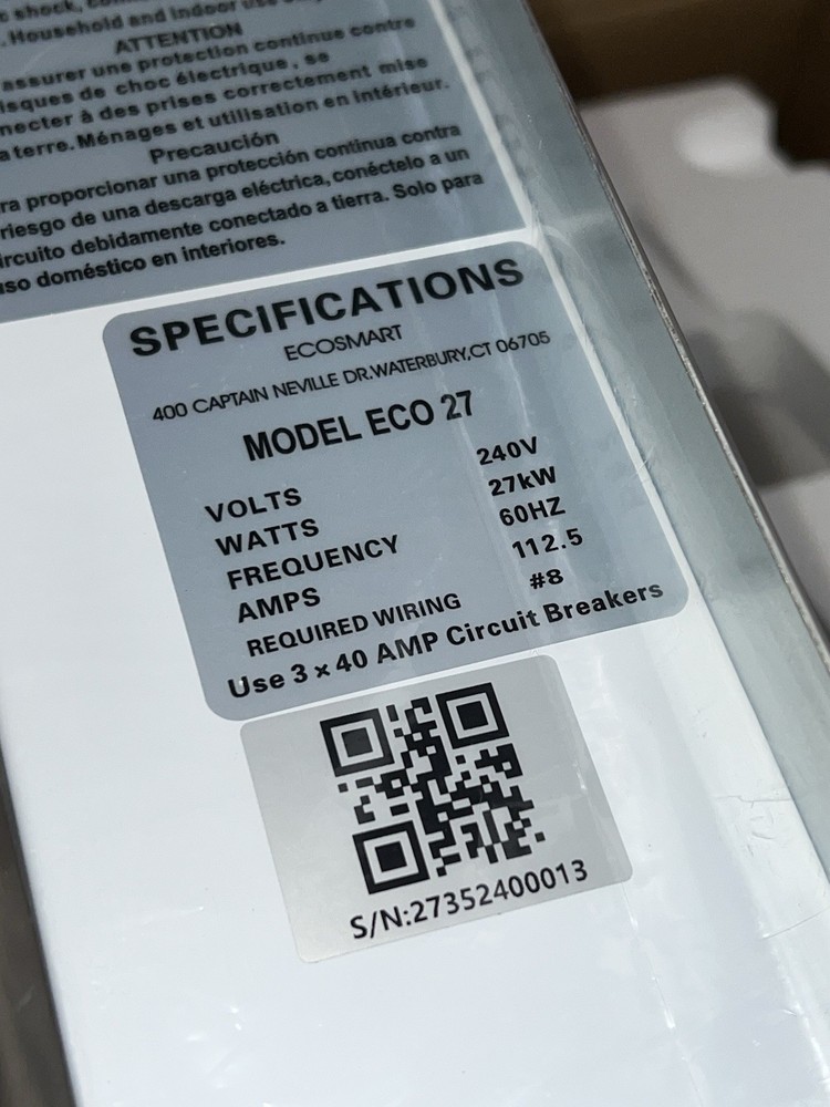 EcoSmart ECO 27 Electric Tankless Water Heater, 27 KW at 240 Volts, 112.5 Amps