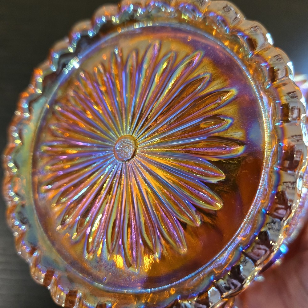Mosser Carnival Glass Persimmon Candy Jar with Lid