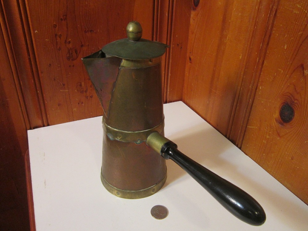 Vintage Handmade Copper Rustic Coffee Pot Hinged Lid Black Wood Side Handle EUC