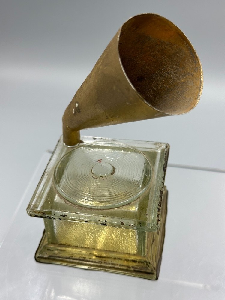 c 1915 Graphophone PHONOGRAPH Glass Record CANDY CONTAINER Antique E&A 576