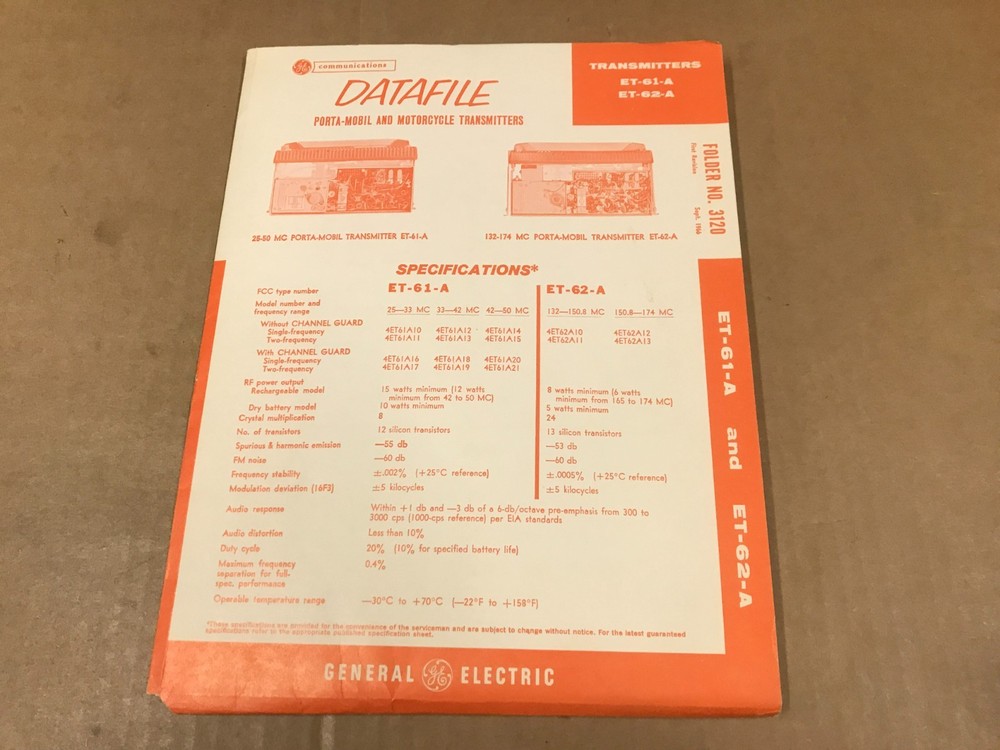 Vintage General Electric Datafile Motorcycle Transmitters - Folder No. 3120