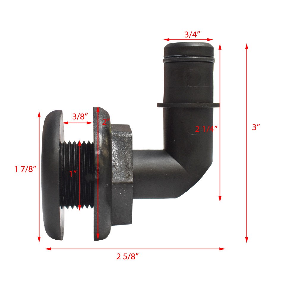 Flow Rite Boat Elbow Thru Hull Fitting | 3/4 Inch Black Plastic