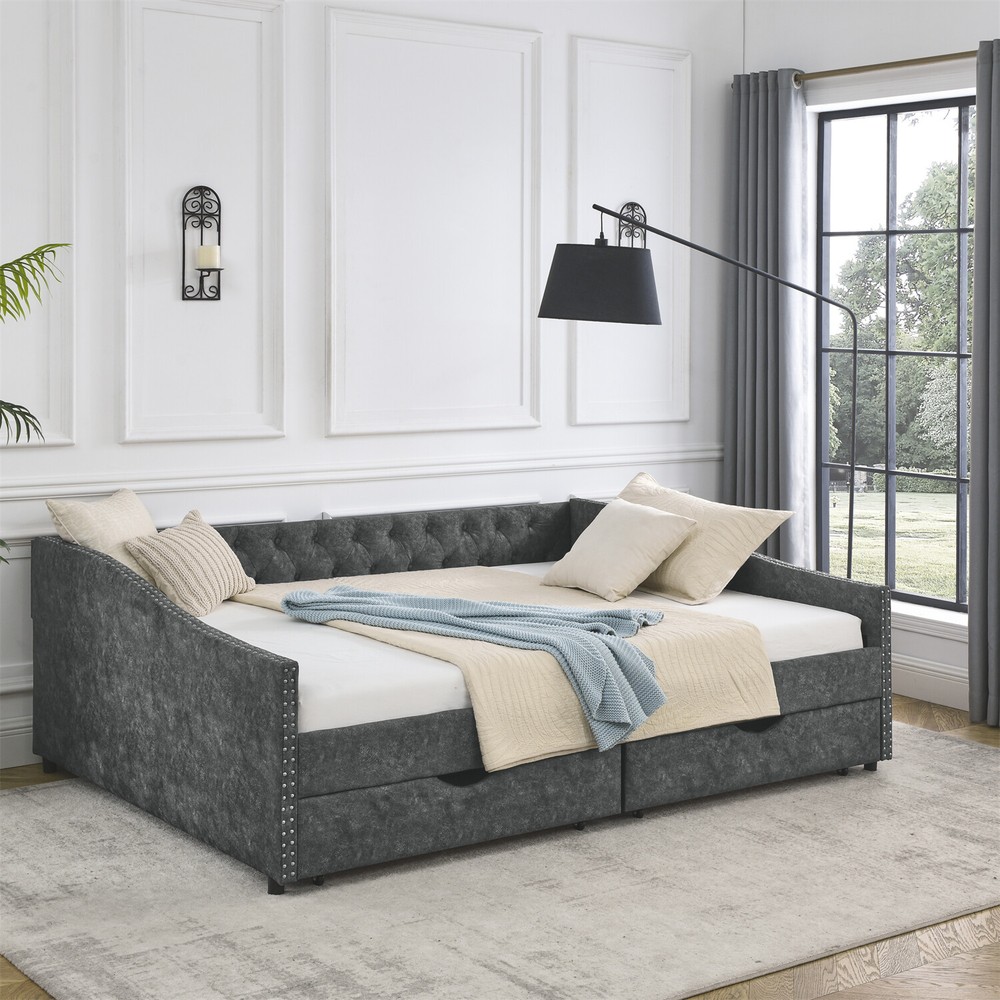 Queen Size Daybed with 2 Storage Drawers Upholstered Bed Frame Sofa Bed US