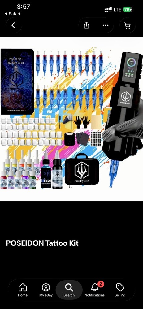 POSEIDON Pneumatic Tattoo Kit Black Adjustable w/ Needles Ink Case