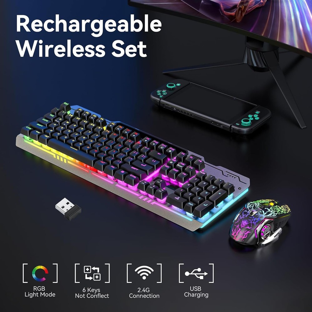Wireless Gaming Keyboard and Mouse Combo, RGB Backlit Rechargeable 2000 Mah Batt