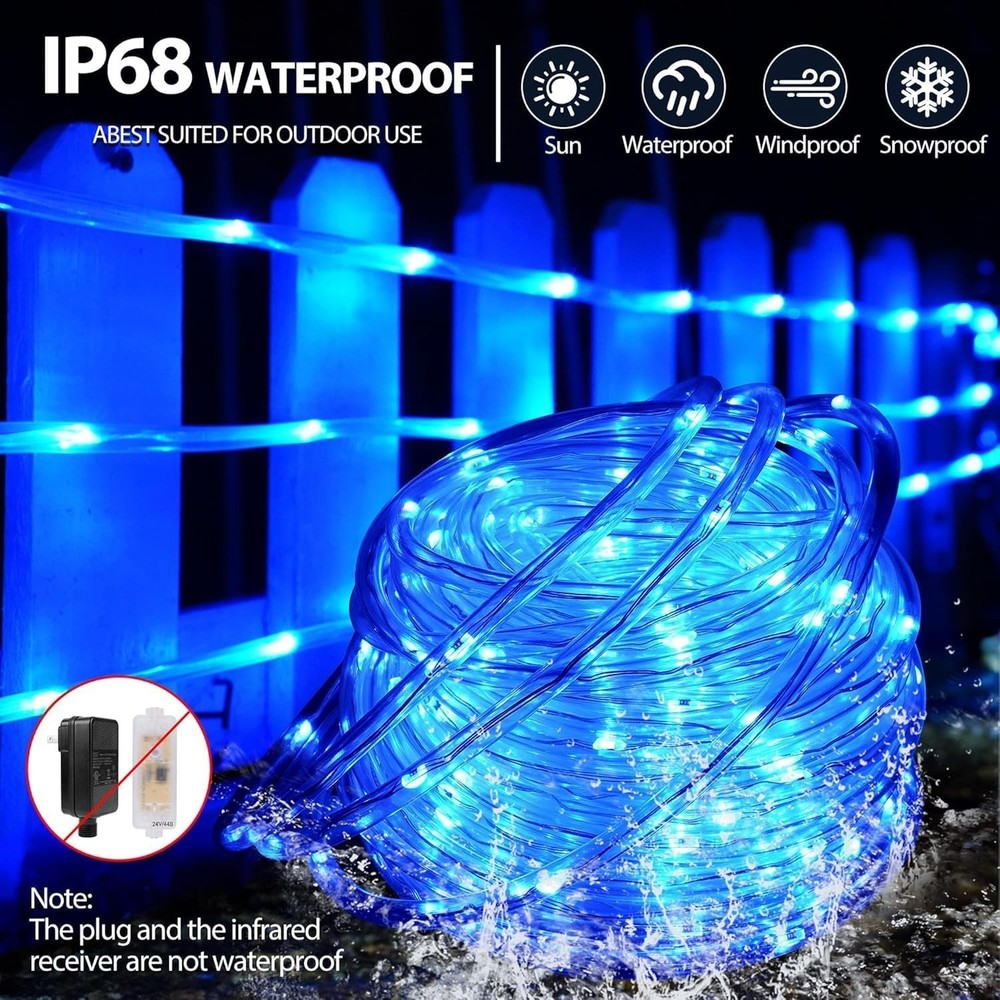 Waterproof 100ft LED Rope Lights Outdoor 300 LEDs Remote Control Timer