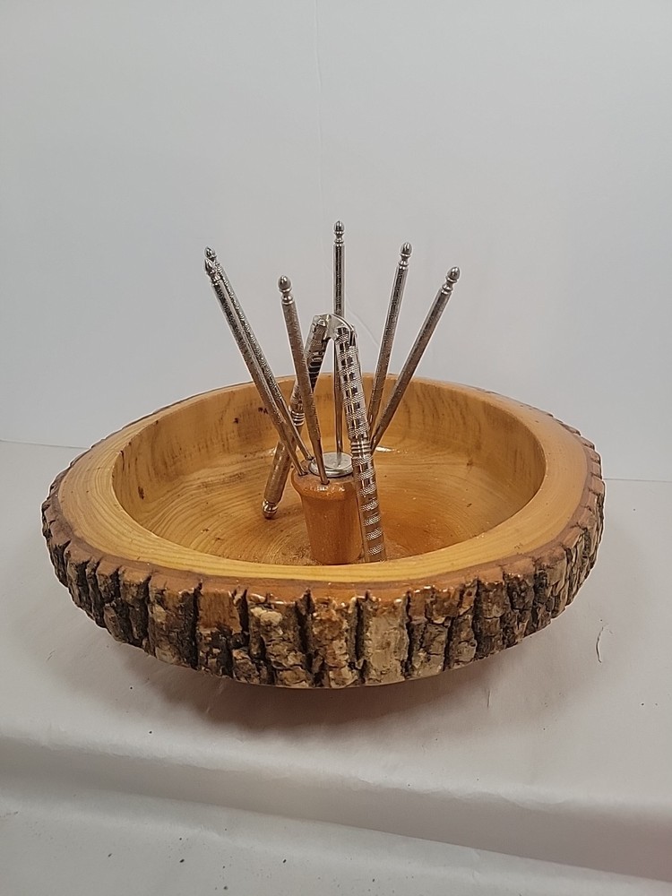 Vintage Solid Wood Tree Bark Nut Bowl with Nutcracker & 6 picks