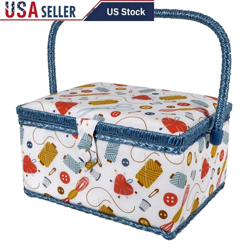 Large Sewing Basket Organizer Craft Storage Case W/ Removable Tray Insert New
