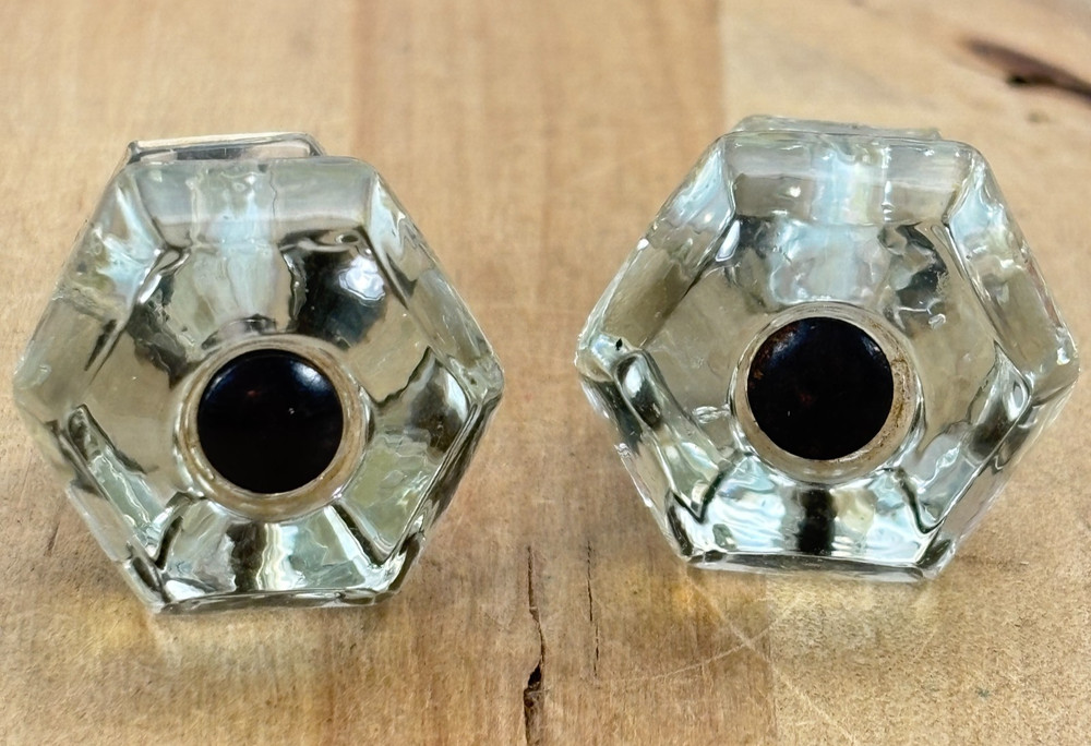 Pair Vtg Small Glass Drawer Pulls Knobs, 1.25"dia ONE W CHIP
