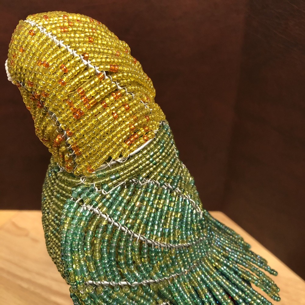 Parrot Sculpture with perch on stand Beaded Beautiful