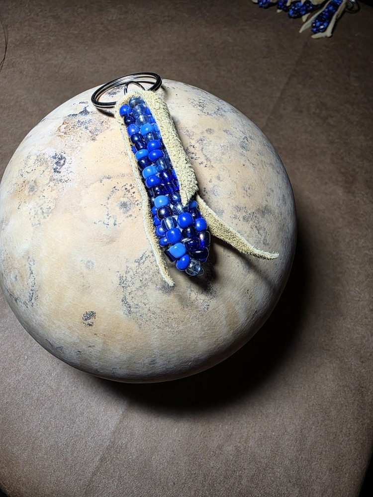 Handmade Blue Corn Beaded Keychain 2in (light tan husk)