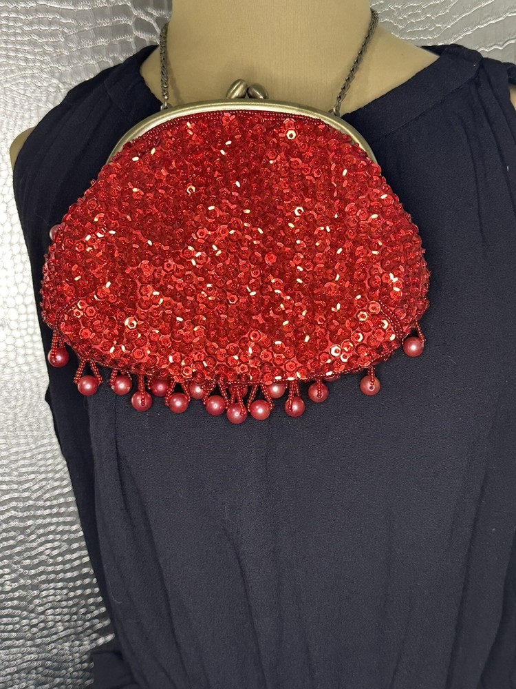 Red and Bronze Tone Dangle Bead Clutch with Shoulder Strap