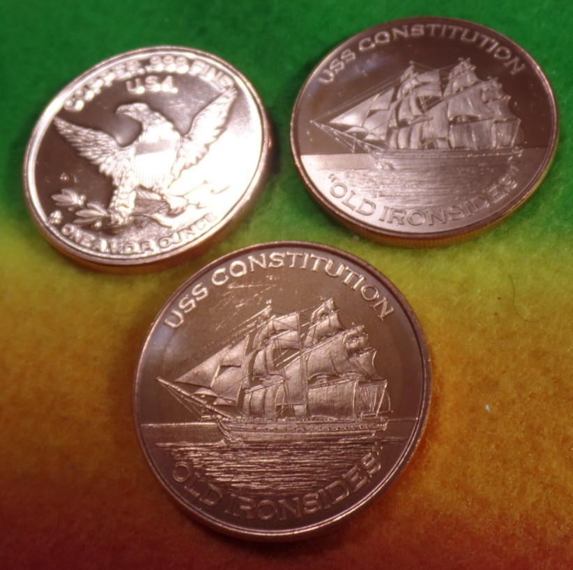 3-1 oz .999 fine copper rounds USS Constitution/Eagle !!!NICE!!!