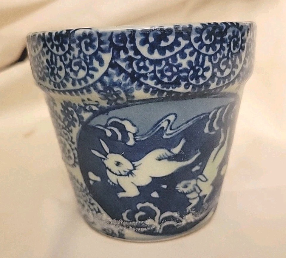 Vtg Cobalt Blue Small Ceramic Flower Planter 2 Rabbits Scroll Design