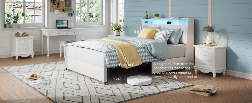 Full Bed Frame - Ergonomic Headboard, Outlets, LED, Storage (Noise-Free)