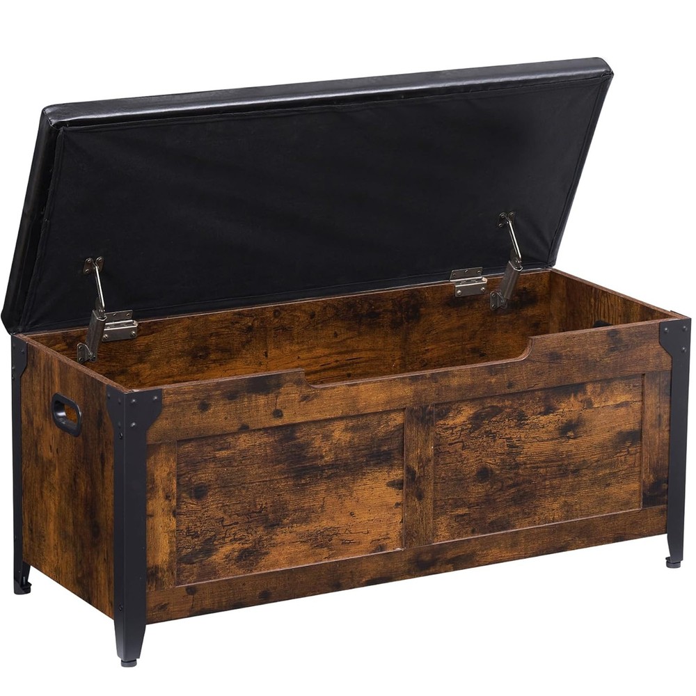Modern Rustic Lift-Top Storage Bench – Metal Frame Blanket Box with Soft Cushion