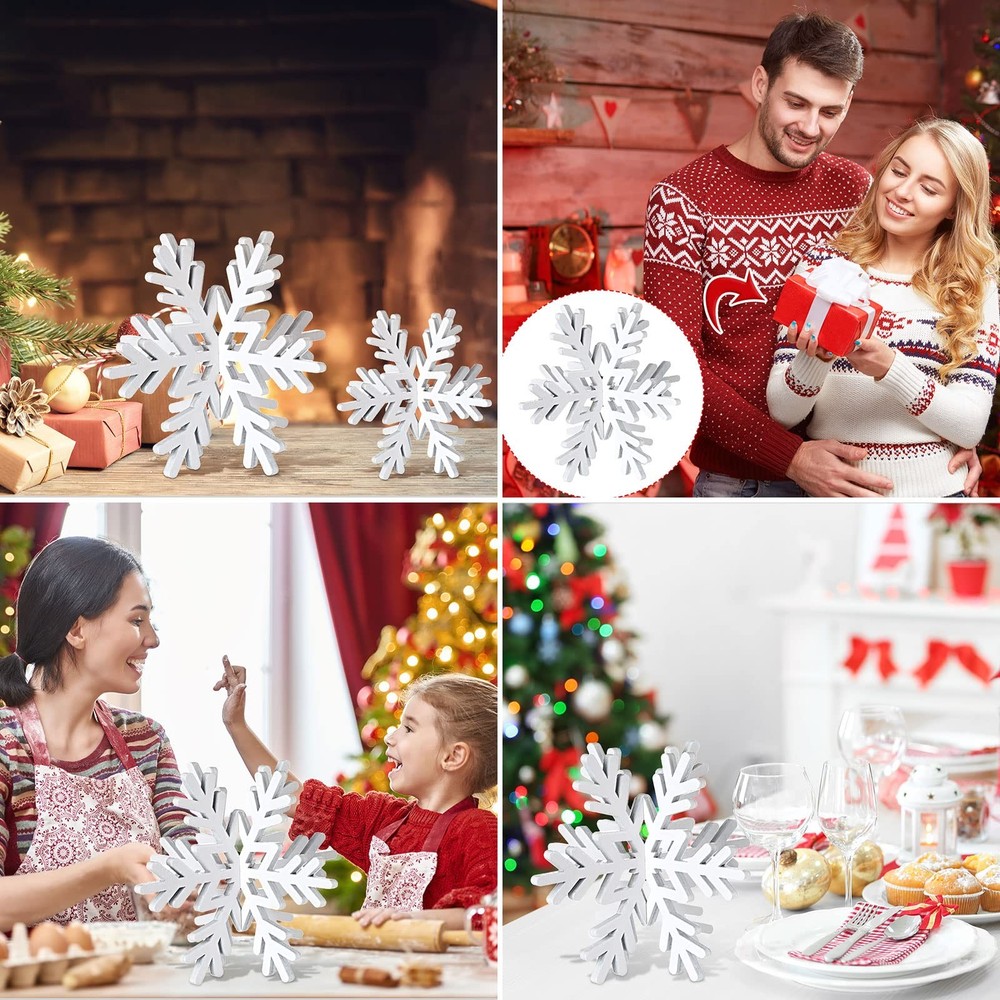 Bucherry 12 Pcs Wooden Snowflake Table Decor 3D Tabletop White