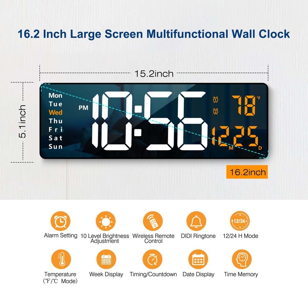 Digital Wall Clock Large Display, 16.2 Inch , LED Digital Clock with Remote C...