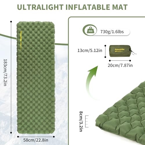 25oz Ultralight Sleeping Pad, Insulated Inflatable Sleeping Rectangular Green