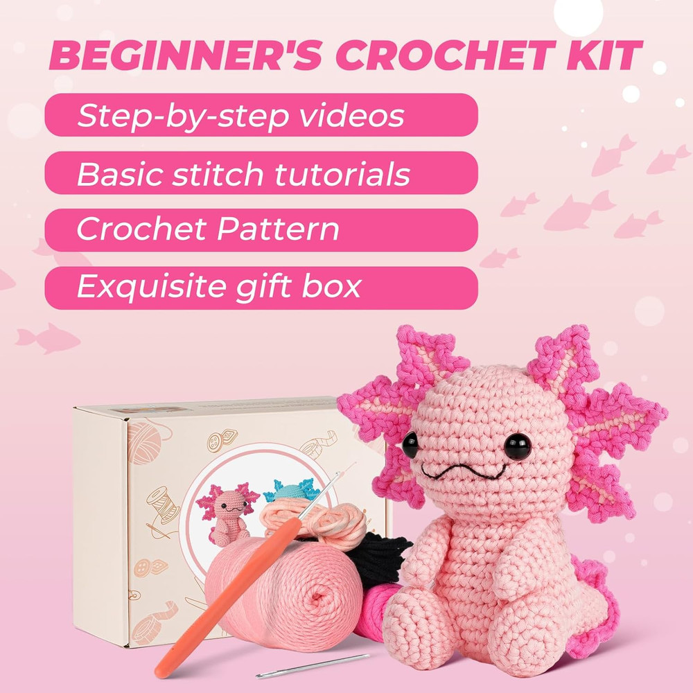 Beginner Crochet Kit – Axolotl Crochet Animal Set + Video Tutorials