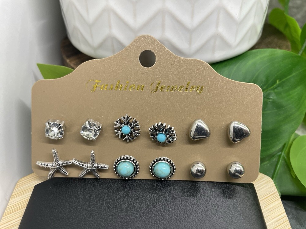 12 PC Matching Post Stud Earrings Set Silver-Tone New Free Ship B4475