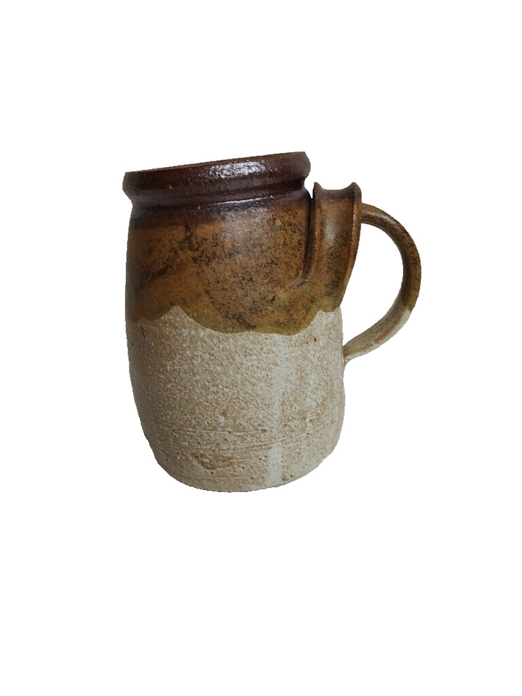 Art pottery pitcher Unusual applied overlapping handles 7" Signed