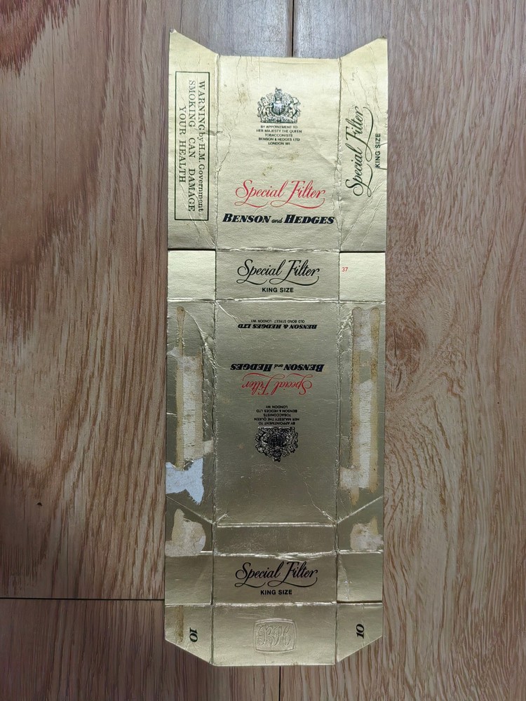 opened empty cigarette hard pack--84 mm-UK-Benson & Hedges-10 cigarettes