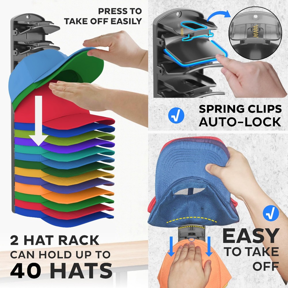 Double Capacity Hat Organizer for Baseball Caps 2 Packs - 40 Cap Storage with...