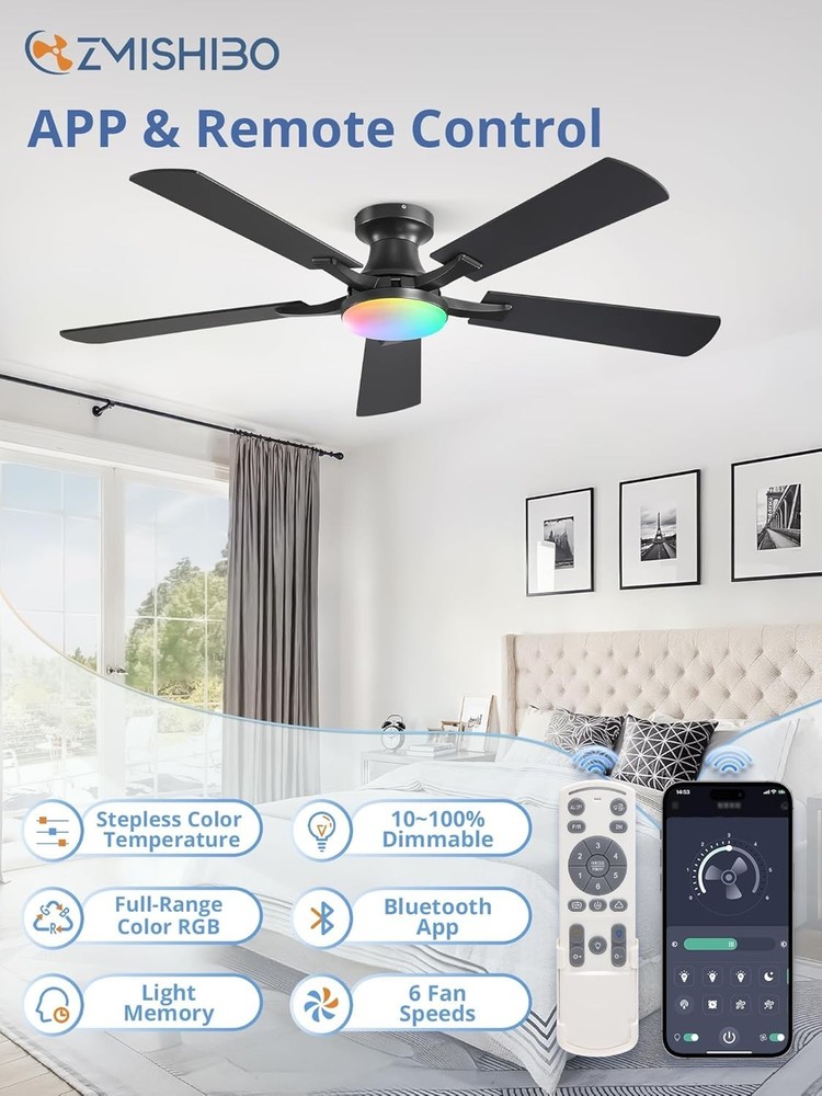 Modern 52" Ceiling Fan - RGB LED Light, Low Profile