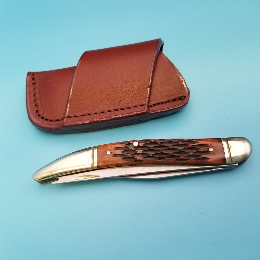 Brown Leather Folding Blade Knife Belt Sheath Horizontal Carry Loop Inside 3.5"
